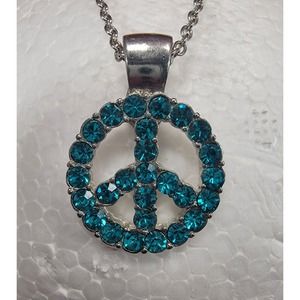 Vintage RA Blue Crystal Peace Sign Pendant 18" Chain